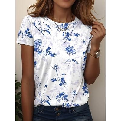 Per donna Maglietta Floreale Grafico Piante Vintage Elegante Classico Manica Corta Girocollo Top Regolari Quotidiano Stampato Verde chiaro Rosa Blu Verde Rosa Estate Primavera