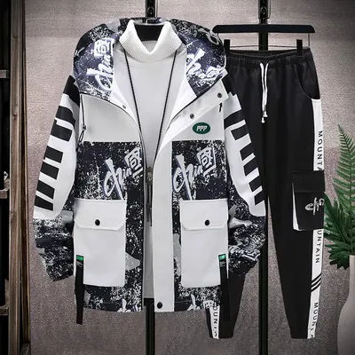 Spring Autumn New Men's Casual Sets Men Tracksuit Trend Patchwork Design Hooded Jacket+pants Two-pieces Men Running Sports Suit