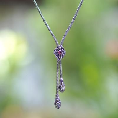 'Gold-Accented Garnet Citrine Silver Floral Lariat Necklace'
