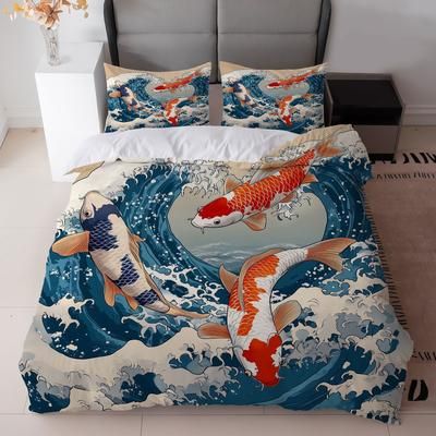 TEMU 3pcs Blue Wave And Koi Fish Print Bedding Set (1duvet Cover + 2pillowcase, Without Core) - Bedroom Decor