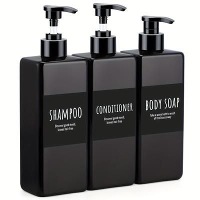 TEMU 3pcs Square Bottles, 16.9oz Empty Refillable Soap Dispenser Bathroom With Labels, 500ml Reusable Plastic Press Pump Bottles Lotion Container For Bathroom Kitchen Hotel Shampoo Conditioner,black