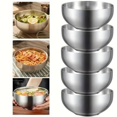 TEMU 5pcs Stainless Steel Double Wall Bowl Set - Rustproof, Round Noodle And Soup Bowls With Large Diameter, - Ideal For Home Use, Suitable For Hot And Cold Meals