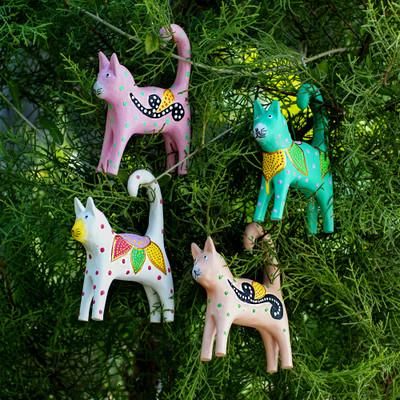 Feline Magic,'4 Hand-Painted Wooden Cat Christmas Ornaments from Bali'