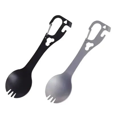 1PC Stainless Steel Camping Cutlery 2in1 Spoon Fork Bottle Can Opener Multifunctional Outdoor Tool with Carabiner Hiking Picnic