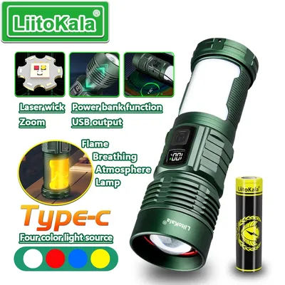 LiitoKala Camping Lantern with Flame Light Mode, 500M Super Bright Flashlight, IPX5 Outdoor Light, 6 Modes for Tent, Hiking
