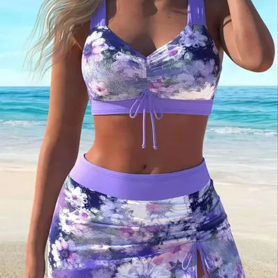 Maillot de bain 2 pièces imprimé arbres pour femme 2026 – Haut court sexy et moulant avec jupe mini taille haute et culotte – Tenue de vacances