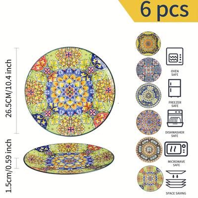 TEMU 6pcs Vintage Boho Chic Ceramic Dinner Plates - Hand-painted Underglaze, Round Steak & Salad Plates For Breakfast, Lunch, Dinner - Holiday Tableware, Plate Decor