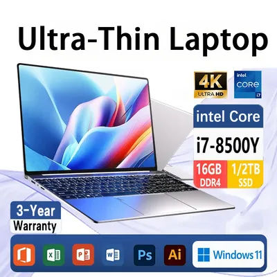 New Learning Office Laptop Intel Core i7 8500Y 15.6-inch 4K HD Screen Windows 11 Pro 16GB RAM 1TB SSD Portable Slim Laptop