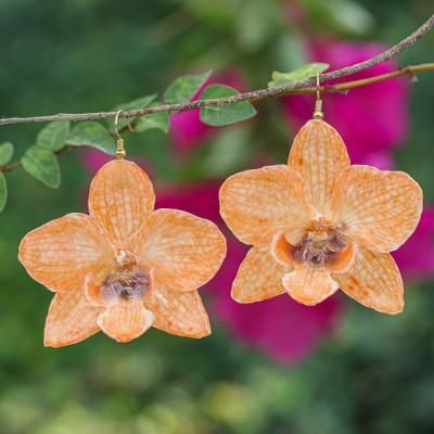 'Resin-Coated Orange Orchid Gold-Accented Statement Earrings'