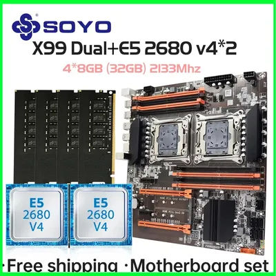 SOYO X99 Dual CPU Gaming Motherboard Kit lntel Xeon E5 2680 V4*2&DDR4 32GB (4*8GB) LGA2011-3 M.2 NVME for Desktop Computer Host