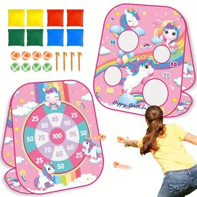 TEMU 21pcs Of 4-in-1 Unicorn Bean Bag Throwing Game, Double-sided Foldable Sandbag Board, Backyard Beach Garden Outdoor Toy, Unicorn Outdoor Lawn Activity Toy