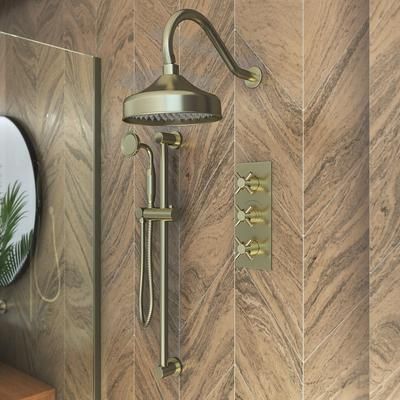 Randolph Morris Tranquil Rainfall Shower Set with Tranquil Rainfall Shower Head, Metal Cross Valve, Grab Bar and Gooseneck Handshower - Brushed Brass RMAS-3TMC-RRHGN-HSR-BB
