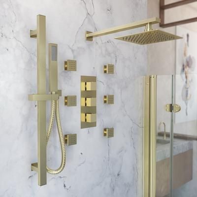 Randolph Morris Tranquil Rainfall Thermostatic Shower Set with Square Showerhead, Square Handshower, Sqaure Valve, and 6 Sqaure Body Jets - Brushed Brass RMAS-3TSQ-SQH-HSSQ-6BSQ-BB