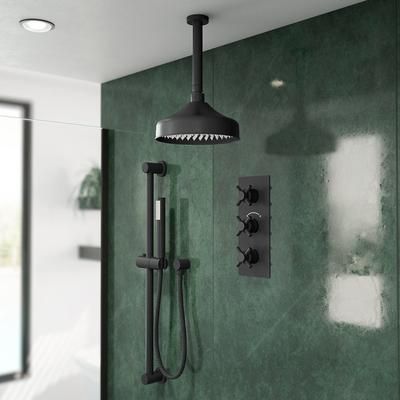 Randolph Morris Tranquil Rainfall Shower Set with Tranquil Rainfall Shower Head, Metal Cross Valve, Grab Bar and Round Handshower - Matte Black RMAS-3TMC-RHC-HSW-MB