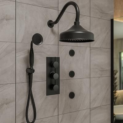 Randolph Morris Tranquill Rainfall Wall Mounted Shower Set with Shower Valve, Shower Head, Shower Arm, Handshower Holder, Handshower, Hose and Body Jet in Matte Black RMAS-3TR-RRHGN-HSW-3BSRR-MB