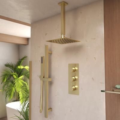 Randolph Morris Tranquil Rainfall Thermostatic Shower Set with Square Showerhead, Square Handshower, and Round Valve - Brushed Brass RMAS-3TR-SQHC-HSSQ-BB
