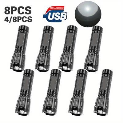 TEMU 4/8pcs Mini Portable Led Flashlight: Usb Rechargeable, Abs Material, Outdoor Handheld Torch For Adventure, Emergency, Hiking, Fishing, Running, Camping