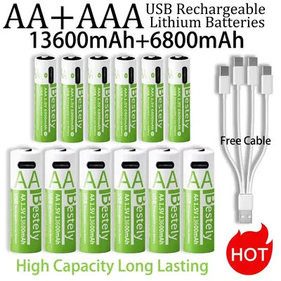New 1.5V AA13600mAh/AAA6800mAh USB Type-C Rechargeable Lithium Battery for Hunting Camera Remote Control Mouse Smart Door Lock
