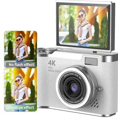 4K Digital Camera 48MP Compact Small Camera 8X Zoom Video Camcorder 180 Flip Screen Video Recorder for Teens Adult Beginner