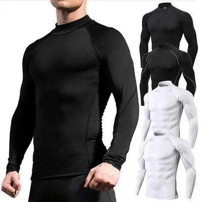 Mock Turtleneck Long Sleeve Compression Shirts for Men Gym Workout Baselayers Athletic Elastic Quick Dry Rash Guards Tops