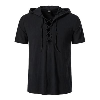 t-shirt vichinga medievale in cotone a maniche corte con cappuccio camicie da uomo in stile retrò con lacci hippie abbinati al costume larp