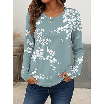 Maglietta da donna a maniche lunghe con scollo tondo tunica floreale grafica piante vintage elegante casual top regolari stampa quotidiana blu blu polveroso viola verde estate
