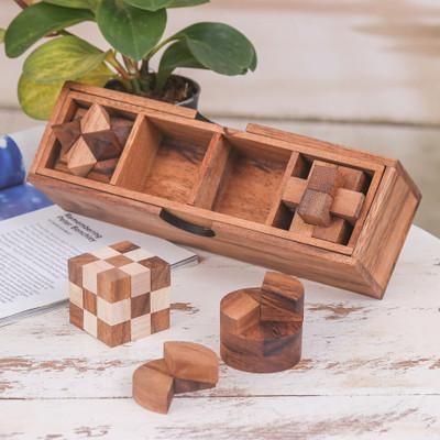 Fun and Games,'4 Raintree and Rubberwood Brain Teaser Puzzles with Box'