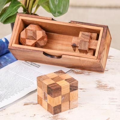 Game Time,'Set of 3 Raintree and Rubberwood Puzzles with Storage Box'