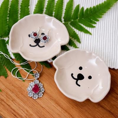 '2 Poodle Puppy-Themed Hand-Painted Glazed Ceramic Catchalls'