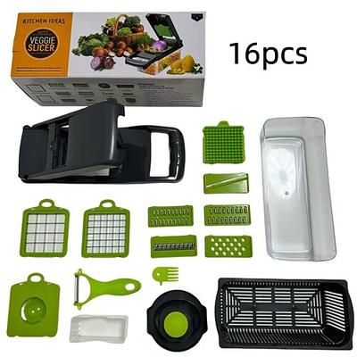 Set tritatutto manuale per verdure 16 in 1 con lame, contenitore, affettatrice filtro, taglia cipolla, carota, aglio, utensile da cucina per cucinare, regalo per la festa del papà