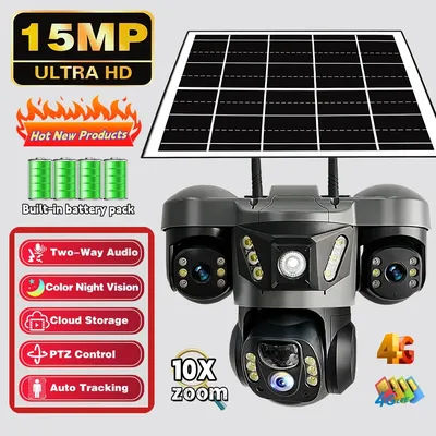 15MP Solar Camera 4G Outdoor 3 Lenses 3 Screens 10X Zoom PIR Body Detection Camera Waterproof Night Vision CCTV Security Camera