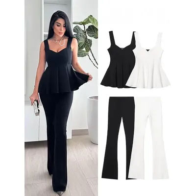 HH femmes pantalon costume Chic ourlet plis solide sans manches mince large bandoulière haut + décontracté taille haute élasticité Flare pantalon