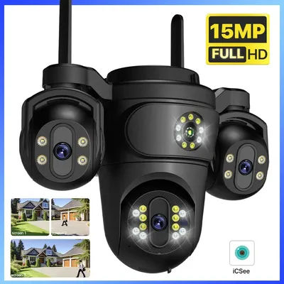 WiFi IP Camera Outdoor 15MP Triple Lenses Triple Screens Security Video Monitor 8MP HD Ai Human Detection CCTV Camera iCsee