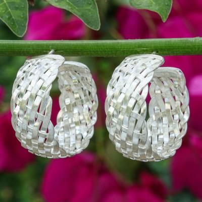 Woven Beauty,'Woven-Textured Silver Half-Hoop Earrings from Thailand'