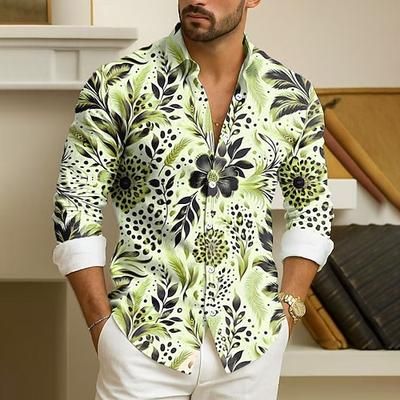Per uomo Foglia Piante Fiori tropicali Camicia Camicia button-down Camicie hawaiane Manica Lunga Hawaiano All'aperto Vacanza Ferie Estate Primavera Collo ripiegato Stampa 3D camicie con colletto Rosa