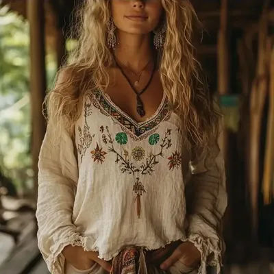 Femmes col en v Style ethnique haut à manches longues bohème vacances rétro imprimé blouse décontractée chemise Vintage automne Blouse haut 2025