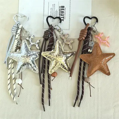 Y2k Leather Rope Keychain Star Cute Dachshund Bag Pendant 3d Creative Cartoon Keyring Anti-lost Mobile Phone Lanyard Bag Pendant