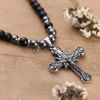 Deep Devotion,'Onyx Agate Hematite Beaded Necklace with Steel Cross Pendant'
