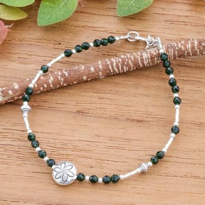 Petals of Forest,'Floral Green Glass and Silver Beaded Bracelet from Thailand'