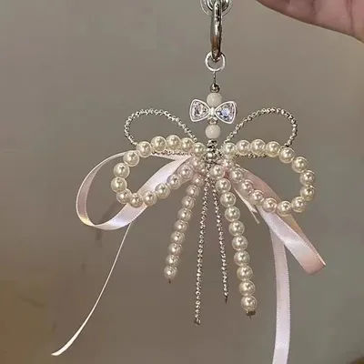 Women's Bag Pendants Sweet Ballet Style Pink Bow Pearl Fashionable Kawaii Bag Accessories Multifunctional Phone Chains Keychains
