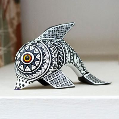 'Sea Life-Themed Black and White Alebrije Dolphin Sculpture'