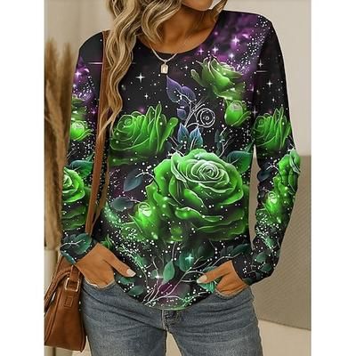T-shirt da donna con maniche lunghe girocollo maniche lunghe tunica grafica floreale piante vintage elegante classica collo rotondo tops regolari stampa gialla rossa blu viola verde autunno