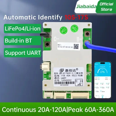 JiaBaiDa SP17S005 UART Build-in Bluetooth 10S 11S 13S 14S 36V 15S 16S 17S 48V LiFePo4 Li-ion Smart BMS for Electric Bike