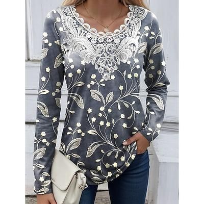 Blusa donna tunica pizzo cucito scollo a V manica lunga grafica floreale piante vintage girocollo top regolari quotidiani uscita weekend stampa pizzo nera rossa azzurro polveroso verde primavera