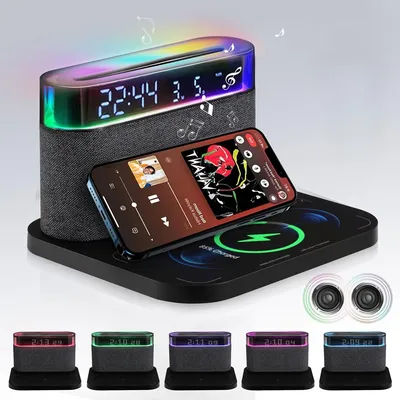 Réveil Bluetooth 6 en 1 – Chargeur sans fil, veilleuse haut-parleur (3 couleurs) pour iPhone, Apple Watch, chargeur iPhone AirPods