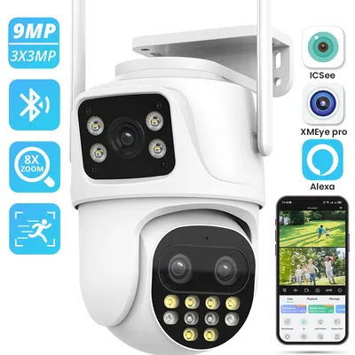 Three Lens PTZ IP Camera WiFi Outdoor 9MP Security Surveillance Camera Ai Humanoid Detection Auto Tracking CCTV Camera iCsee
