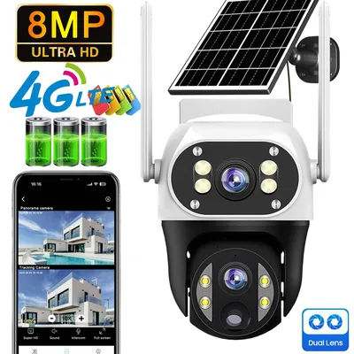 V380 8MP Dual Lens 4G IP Camera Solar PIR Human Detection Night Vision Waterproof Security Video Camara 4K Battery CCTV Monitor