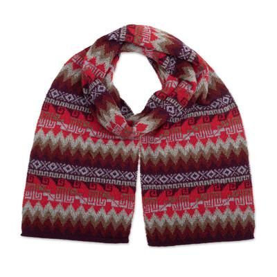 Flames of the Andes,'Patterned Soft 100% Baby Alpaca Scarf in Red and Brown Hues'