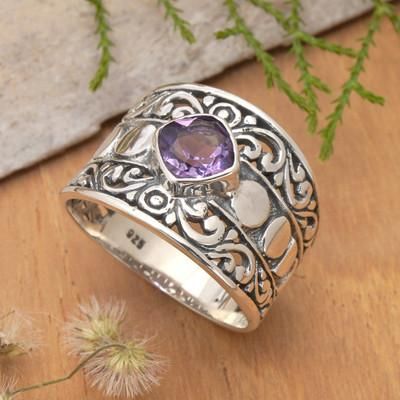 'Classic Balinese-Inspired Faceted Amethyst Single Stone Ring'