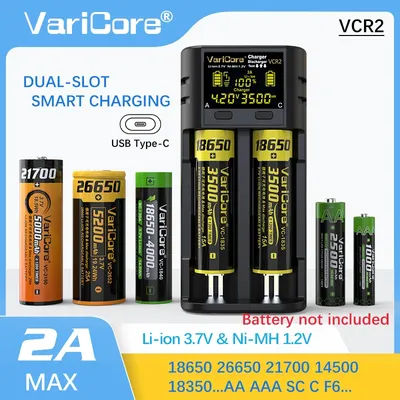 VariCore VCR2 LCD 2 Slot TEST Capacity smart multifunctional charger for 3.7V Li-ion 1.2V Ni-MH battery 18650 21700 26650 AA AAA